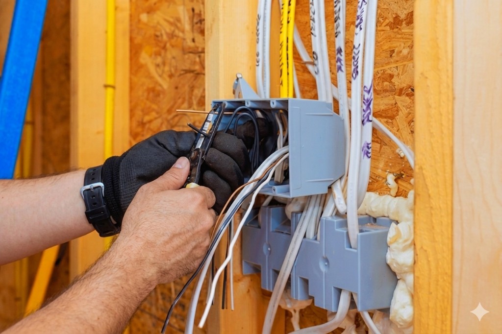 Câblage en ossature bois, dégainage et raccordement en coffret