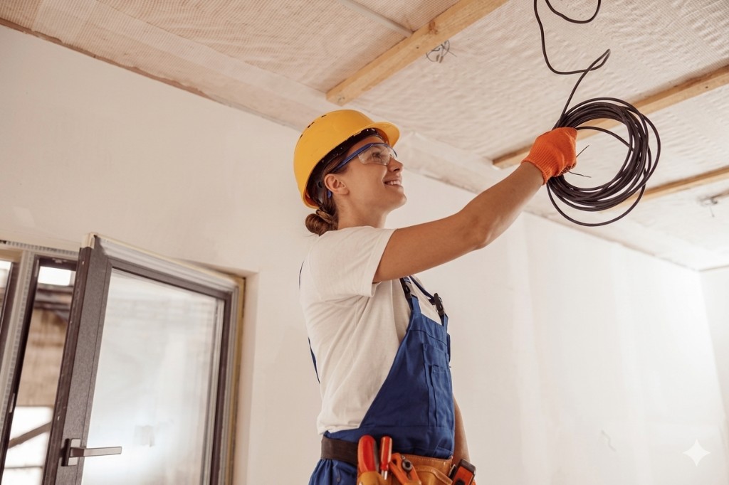 Électricienne en chantier — tirage de câbles au plafond, équipement de protection